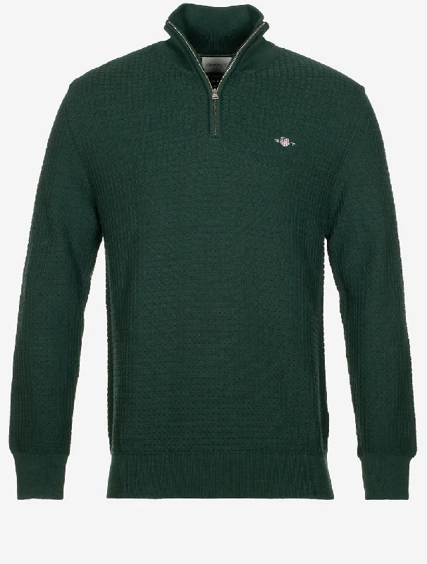 Cotton Textured Half Zip Tartan Green