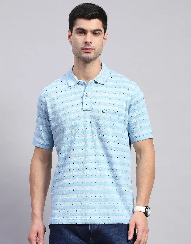 Men Blue Printed Polo Collar Half Sleeve T-Shirt