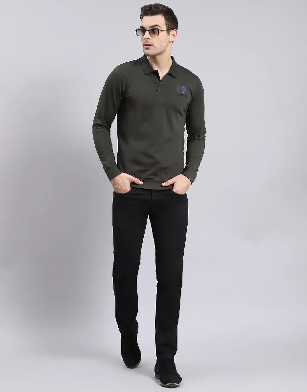 Men Olive Solid Polo Collar Full Sleeve T-Shirt