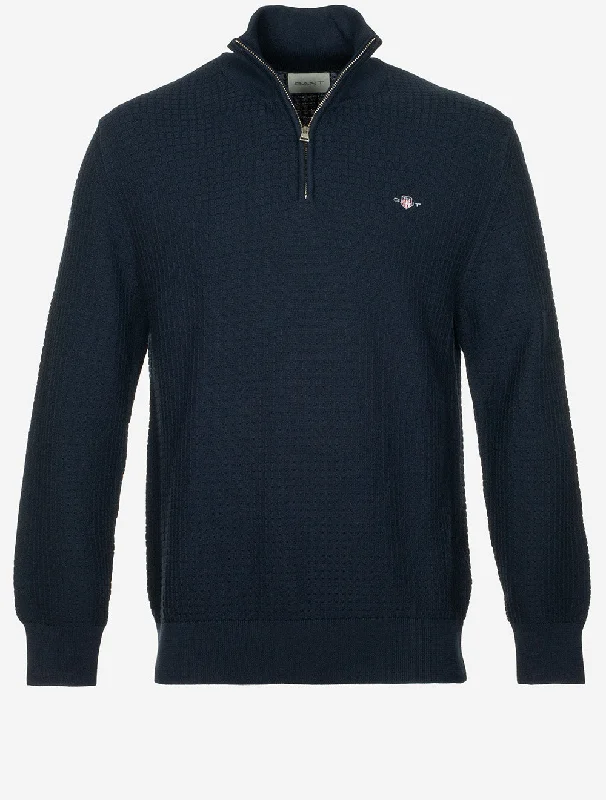 Cotton Textured Half Zip Evening Blue