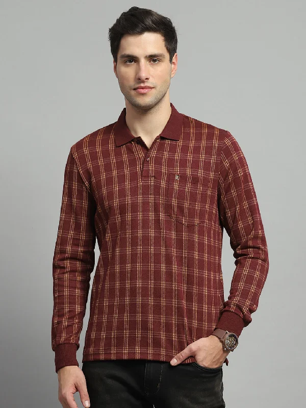 Men Rust Check Collar Full Sleeve Winter T-Shirt