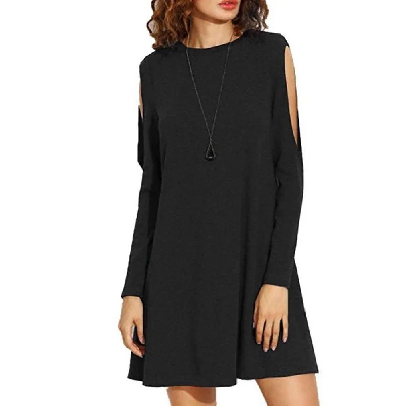 Woman Solid Color Blouse Off Shoulder Long Sleeve Crew Neck Dress