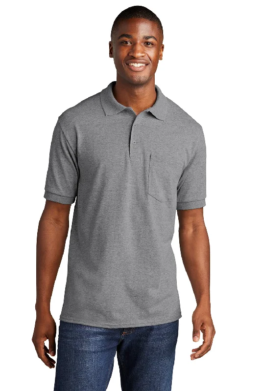 Port & Company Mens Core Stain Resistant Short Sleeve Polo Shirt w/ Pocket - Heather Grey