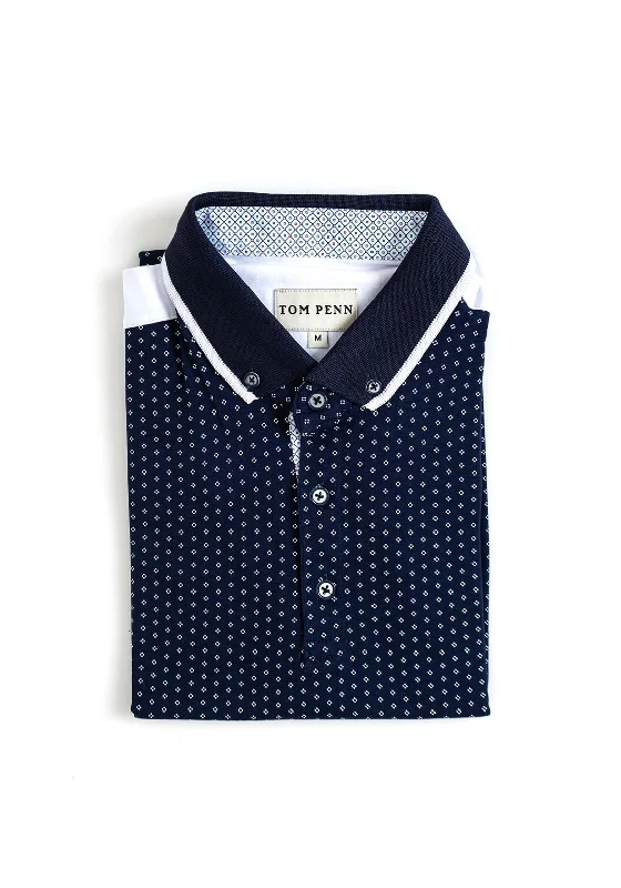 Tom Pen Contrast Micro Print Polo Shirt, Navy