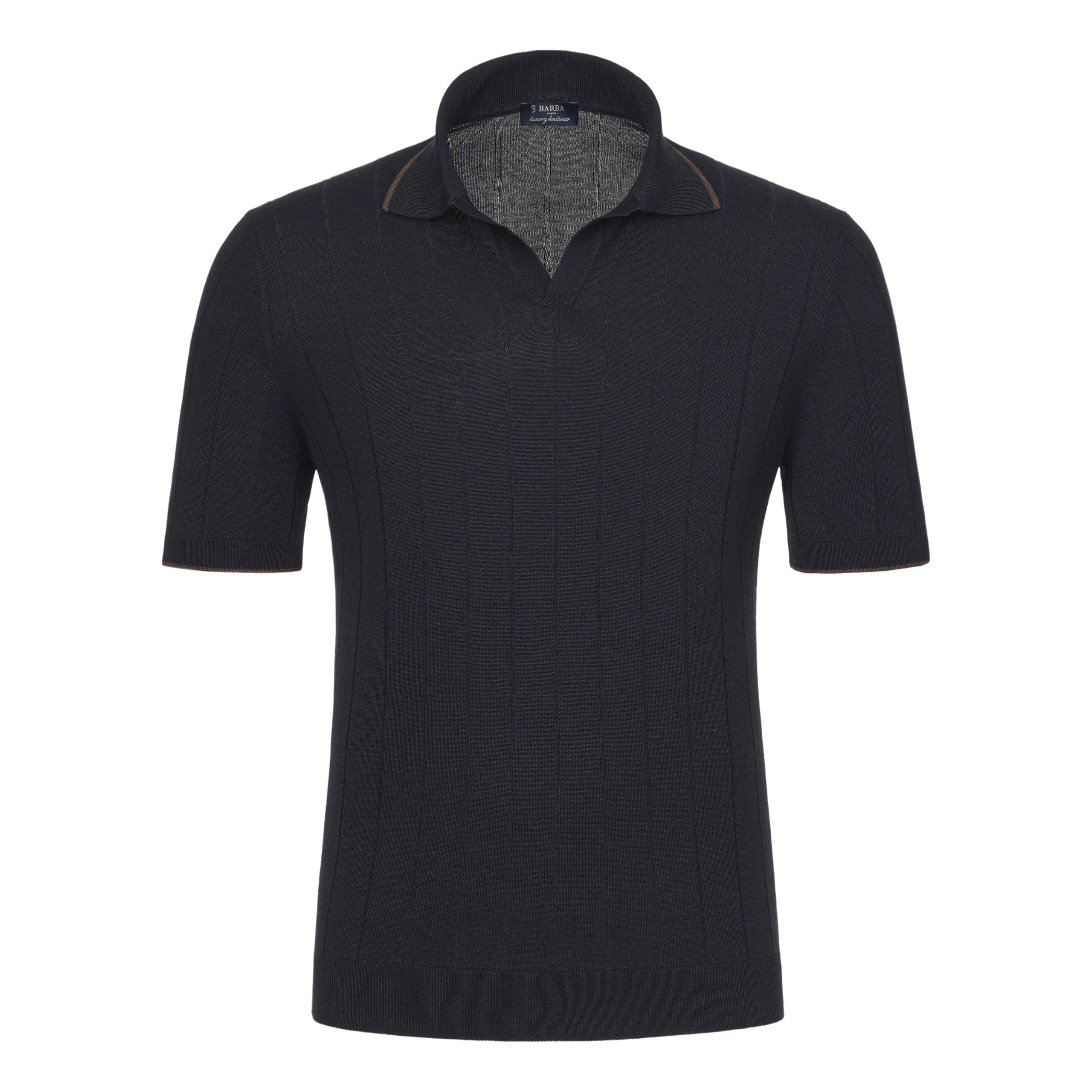 V-Neck Silk Polo Shirt in Navy Blue