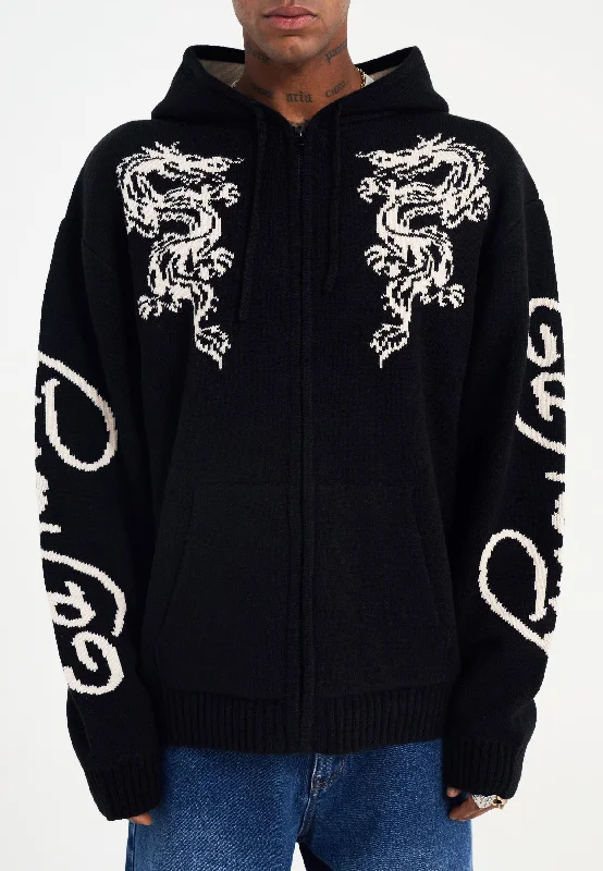 Mens Dragon Zip Thru Knitted Hoodie - Black