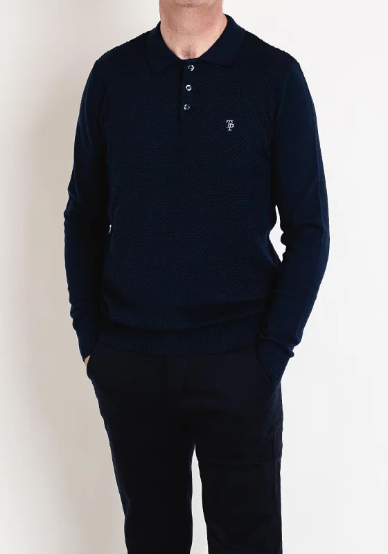 Tom Penn Waffle Knit Long Sleeve Polo Shirt, Navy