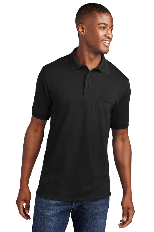 Port & Company Mens Core Stain Resistant Short Sleeve Polo Shirt w/ Pocket - Jet Black