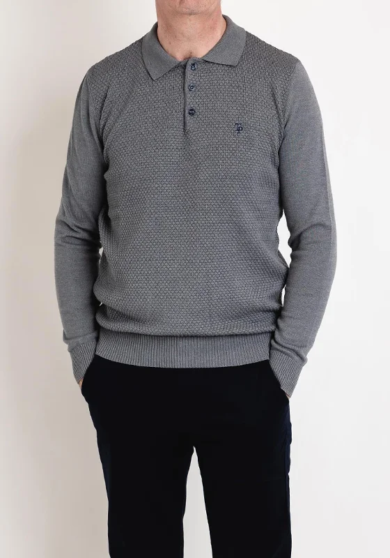 Tom Penn Waffle Knit Long Sleeve Polo Shirt, Dark Grey