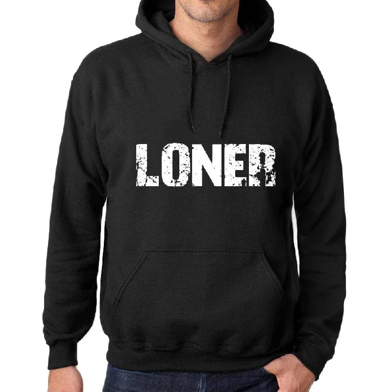 Men's Women's Unisex Printed Graphic Cotton Hoodie Soft Heavyweight Hooded Sweatshirt Pullover Popular Words LONER Deep Black