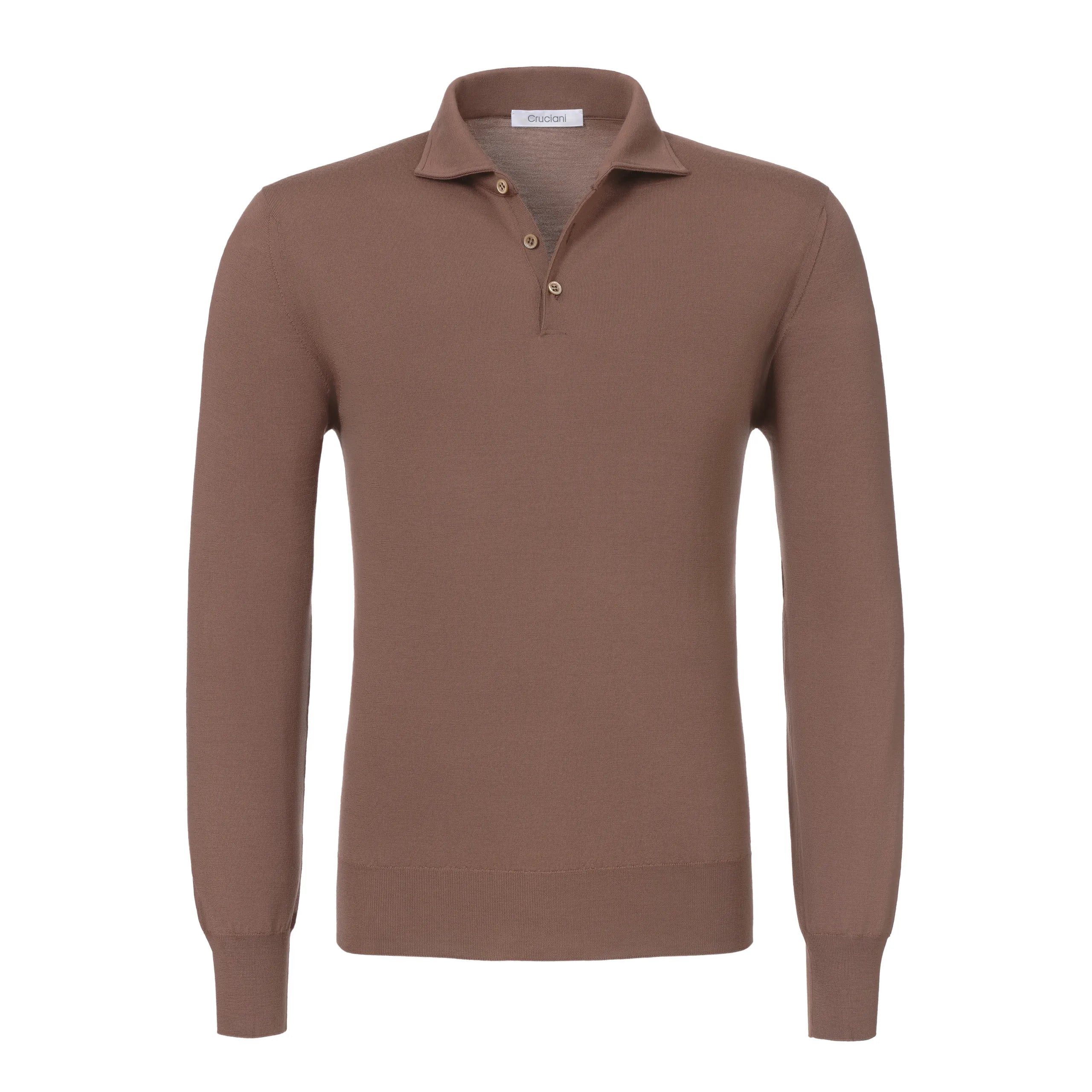 Wool Long Sleeve Polo Shirt in Marrone