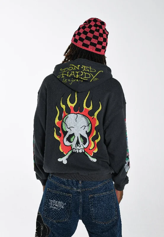 Mens Burning Skull Graphic Hoodie - Black