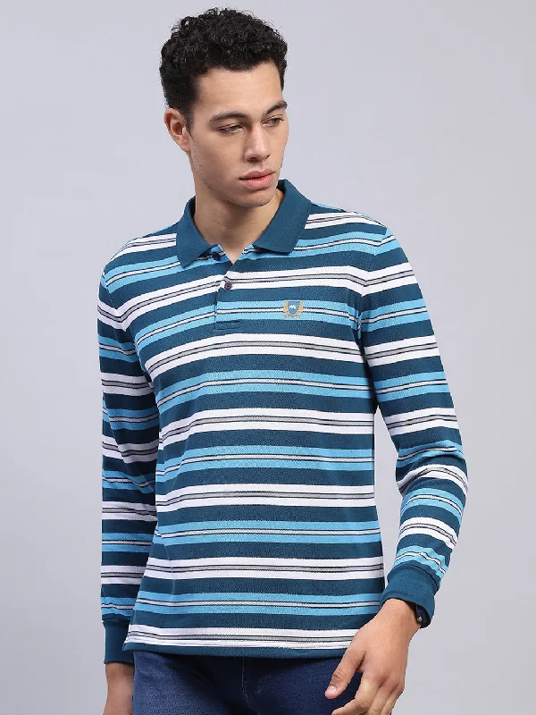 Men Blue Stripe Collar Full Sleeve Winter T-Shirt