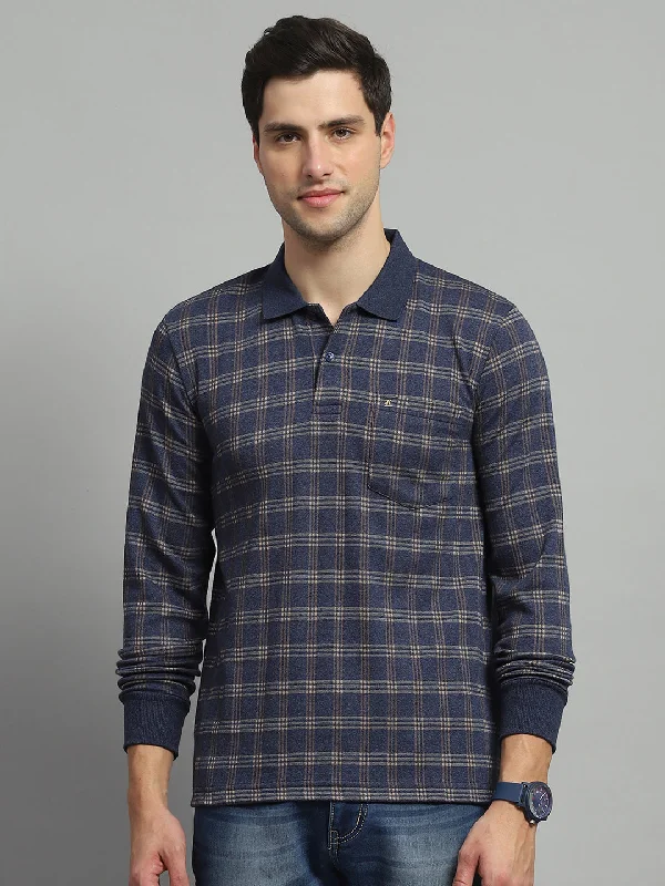 Men Blue Check Collar Full Sleeve Winter T-Shirt