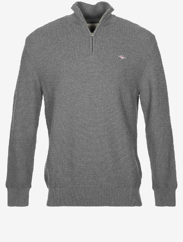 Cotton Textured Half Zip Dark Grey Melange