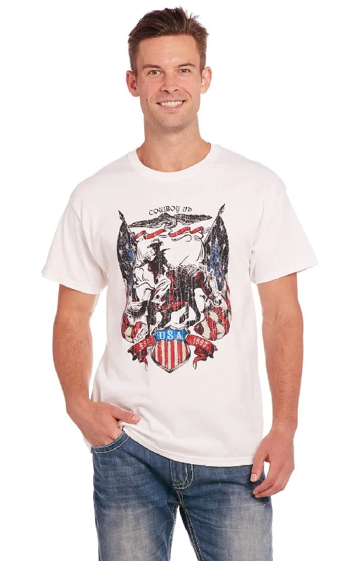 Cowboy Up Mens USA Flag Tee White 100% Cotton S/S T-Shirt