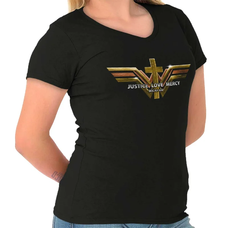 Justice Love Mercy Junior Fit V-Neck T-Shirt