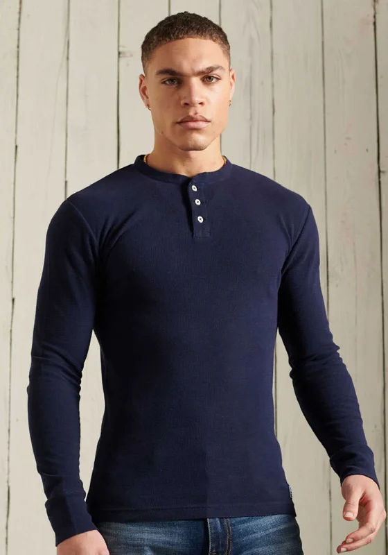 Superdry Long Sleeve Waffle Grandad Top, Nautical Navy